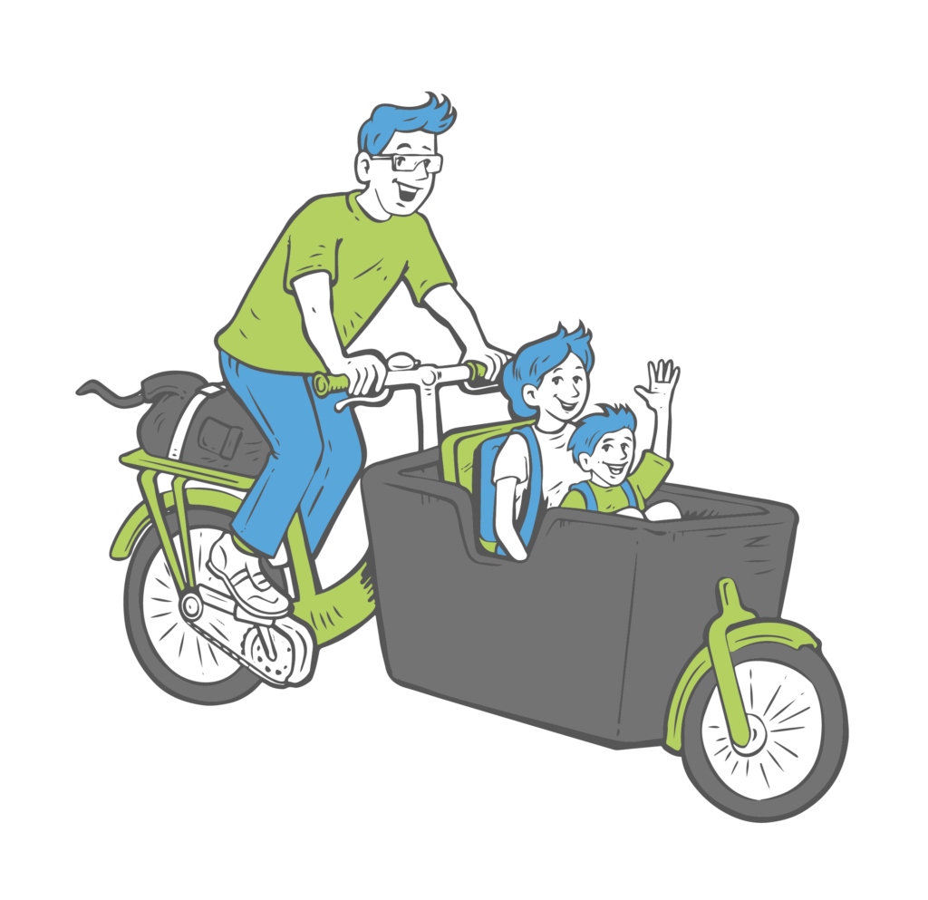 Visual eines Lastenrads mit Mann und Kindern.
